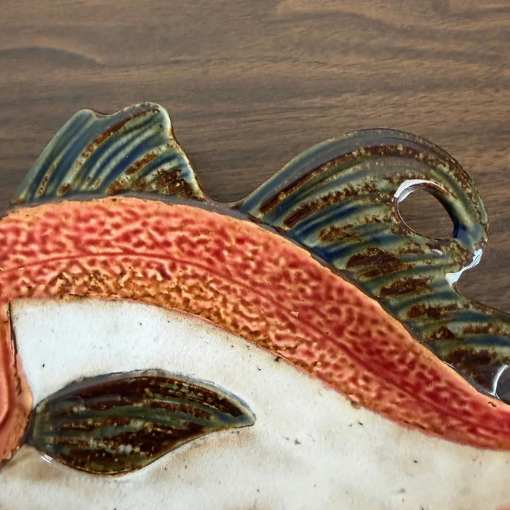 Pier 1 Imports Hand Painted Porcelain Fish Sushi Platter Red Brown Nautical READ